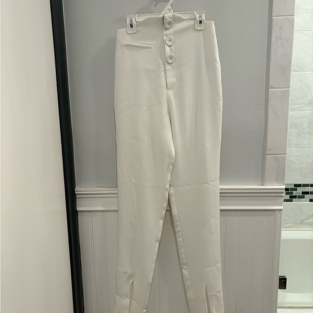 NBD White High-Rise Button-Front Trousers with Ankle Slits